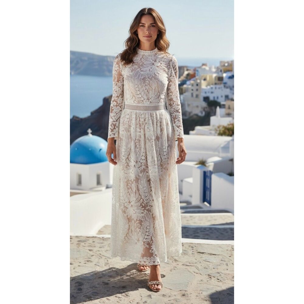 Ivy City Co. Boho Wedding Guest Midi Dress Cocktail Formal Champagne Lining Sz 2